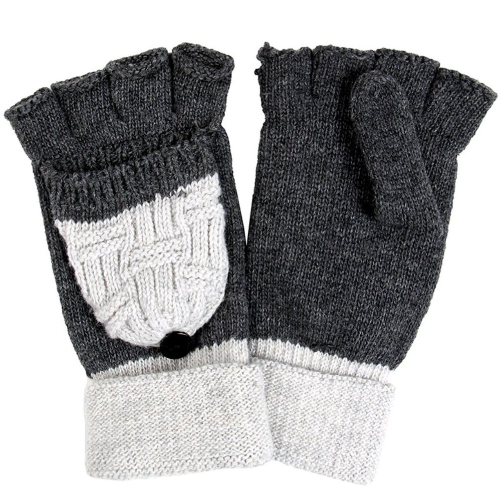 Womens 2-way Winter T.P.O. Gray Knit Convertible Fingerless Gloves Mitten Cover